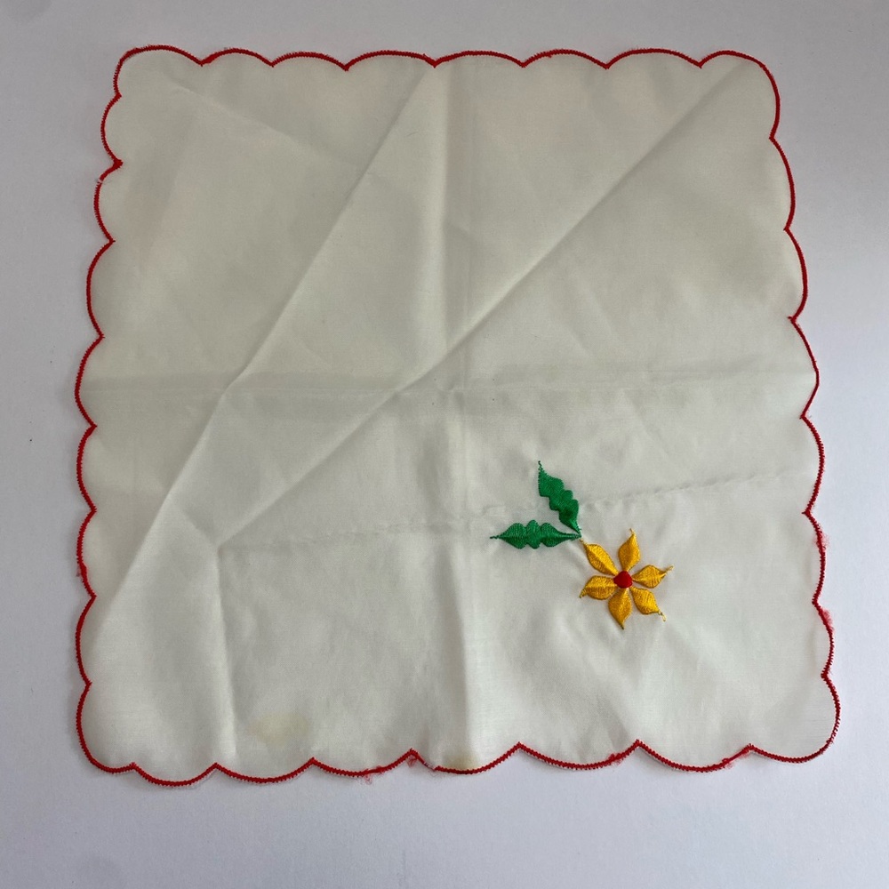 Vintage Embroidered Floral Handkerchief/Napkin with Red Trim 6-pack‎
